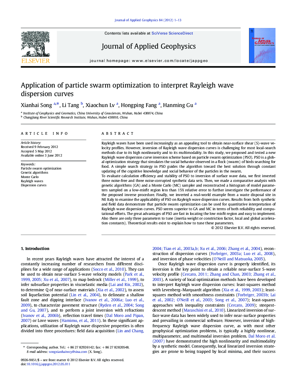 Application of particle swarm optimization to interpret Rayleigh wave dispersion curves