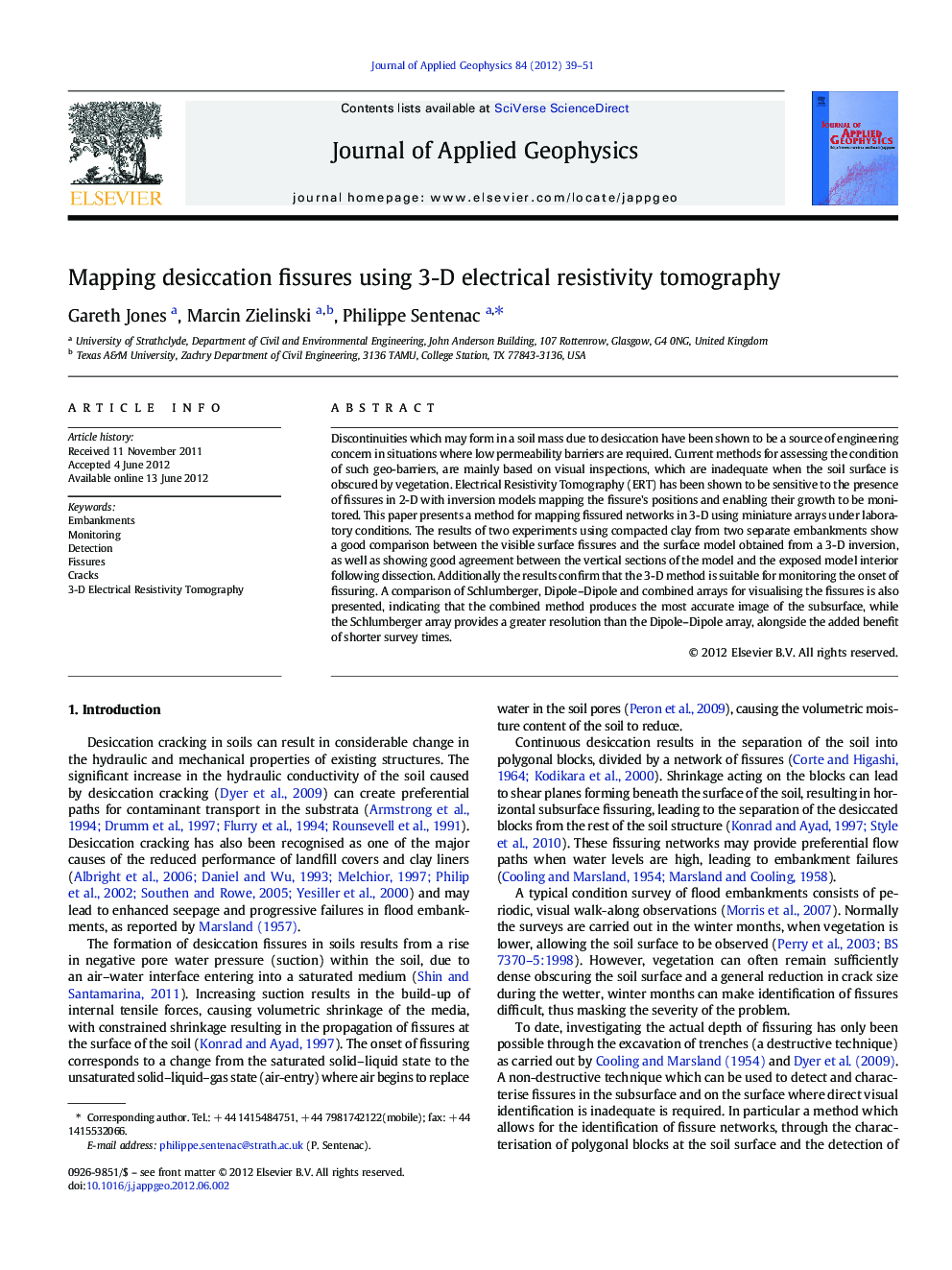 Mapping desiccation fissures using 3-D electrical resistivity tomography