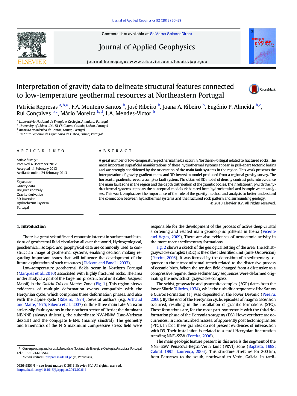 Interpretation of gravity data to delineate structural features connected to low-temperature geothermal resources at Northeastern Portugal