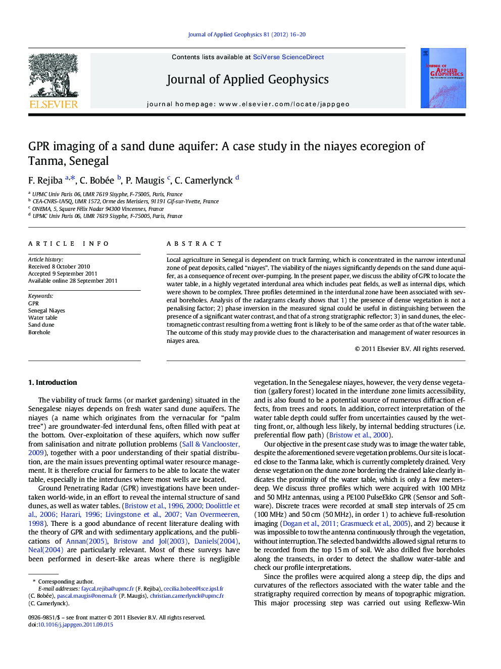 GPR imaging of a sand dune aquifer: A case study in the niayes ecoregion of Tanma, Senegal