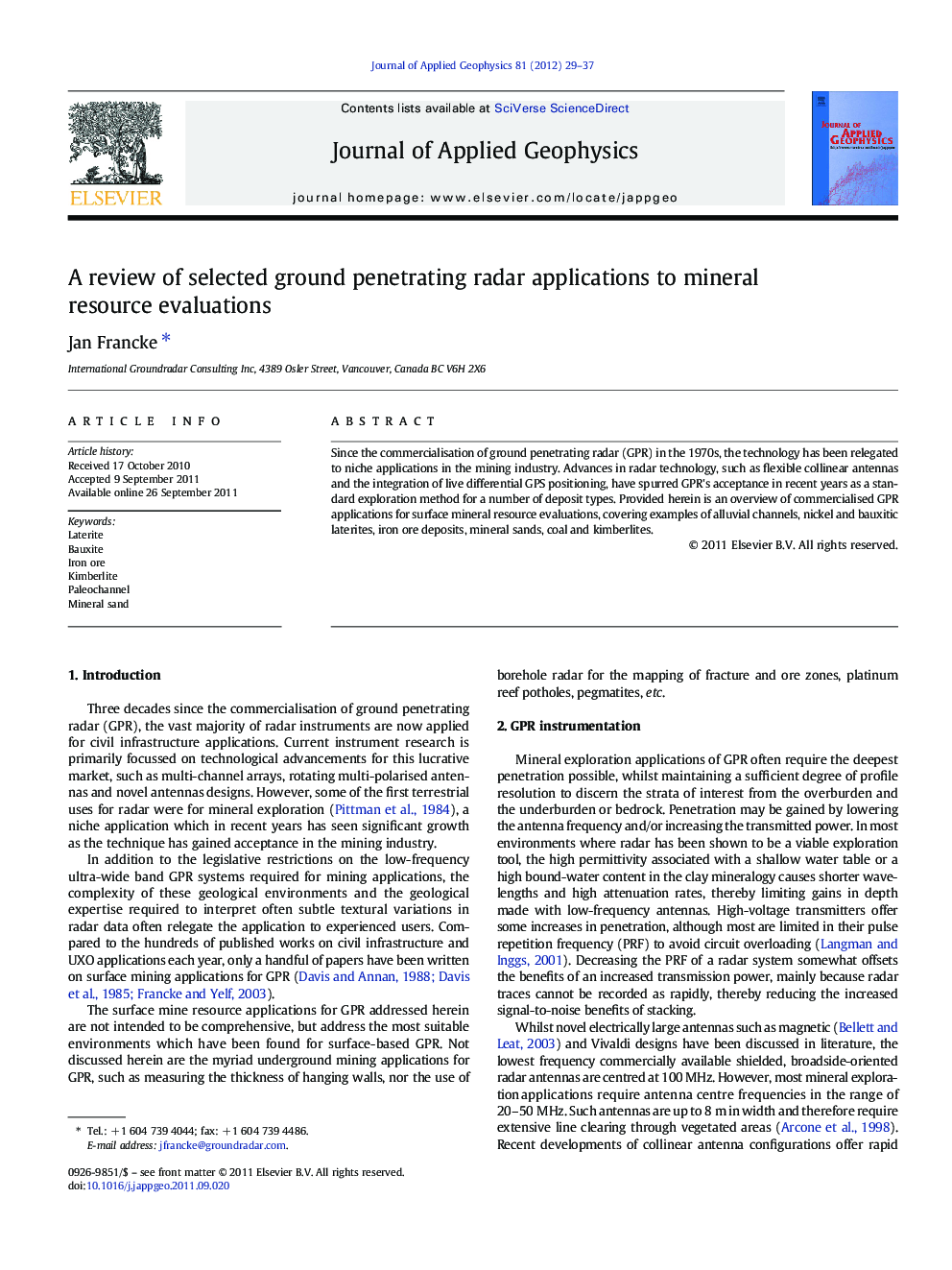 A review of selected ground penetrating radar applications to mineral resource evaluations