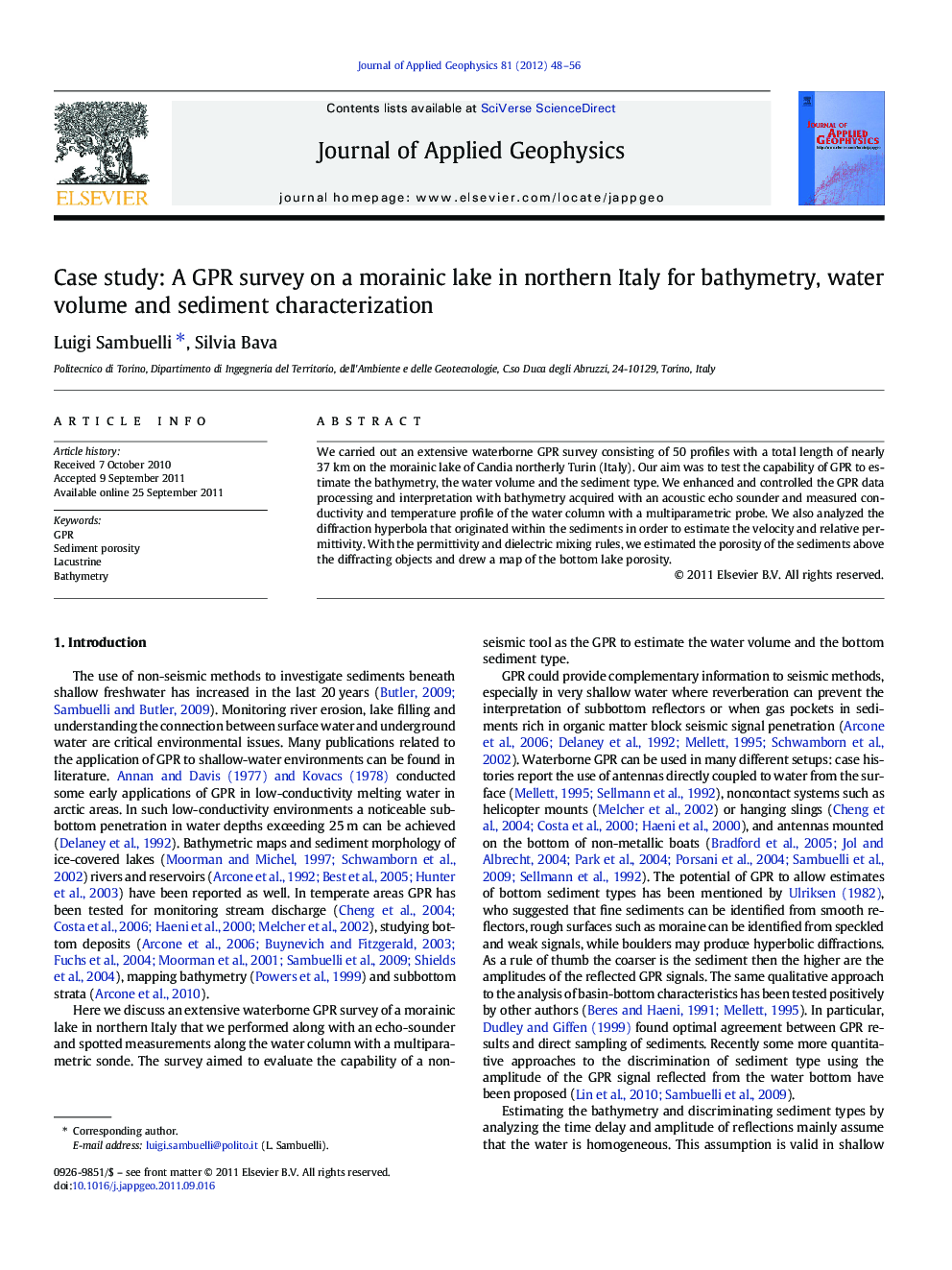 Case study: A GPR survey on a morainic lake in northern Italy for bathymetry, water volume and sediment characterization