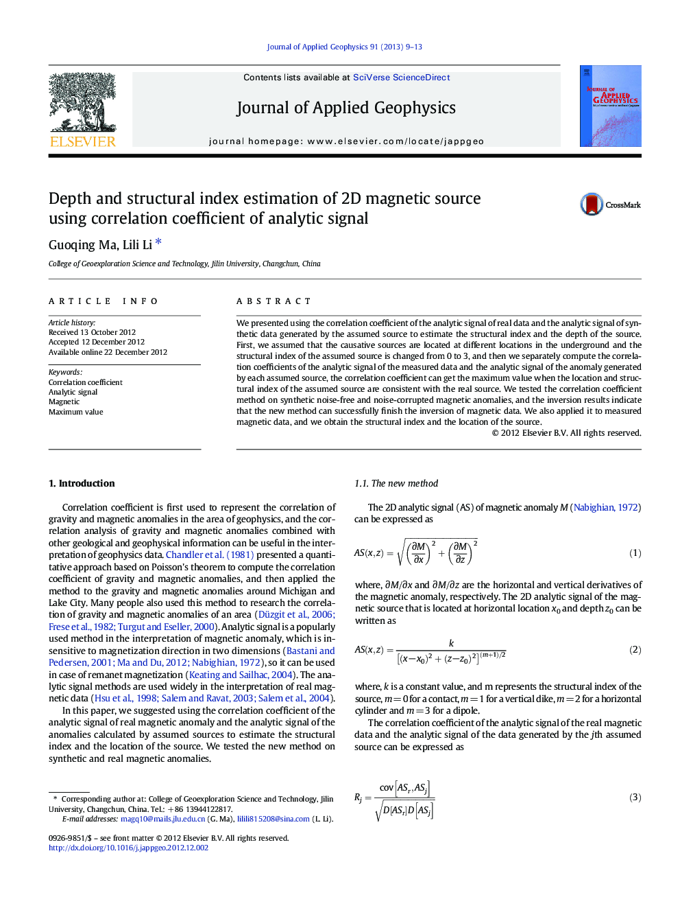 Depth and structural index estimation of 2D magnetic source using correlation coefficient of analytic signal