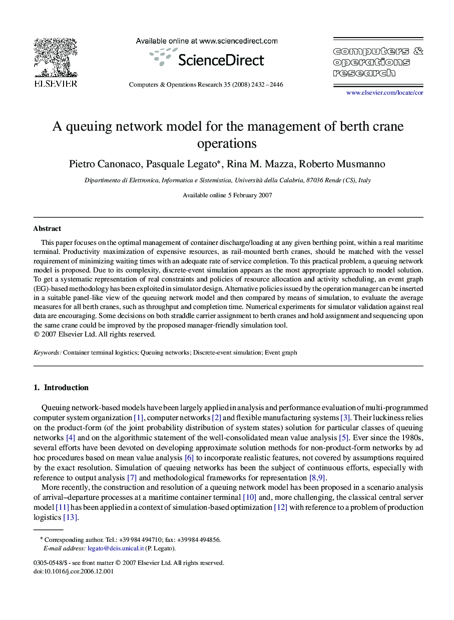 A queuing network model for the management of berth crane operations