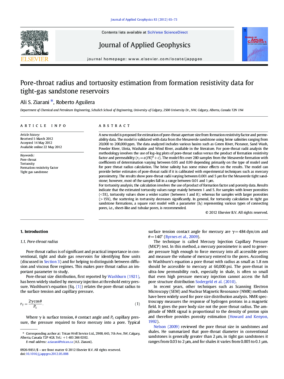 Pore-throat radius and tortuosity estimation from formation resistivity data for tight-gas sandstone reservoirs