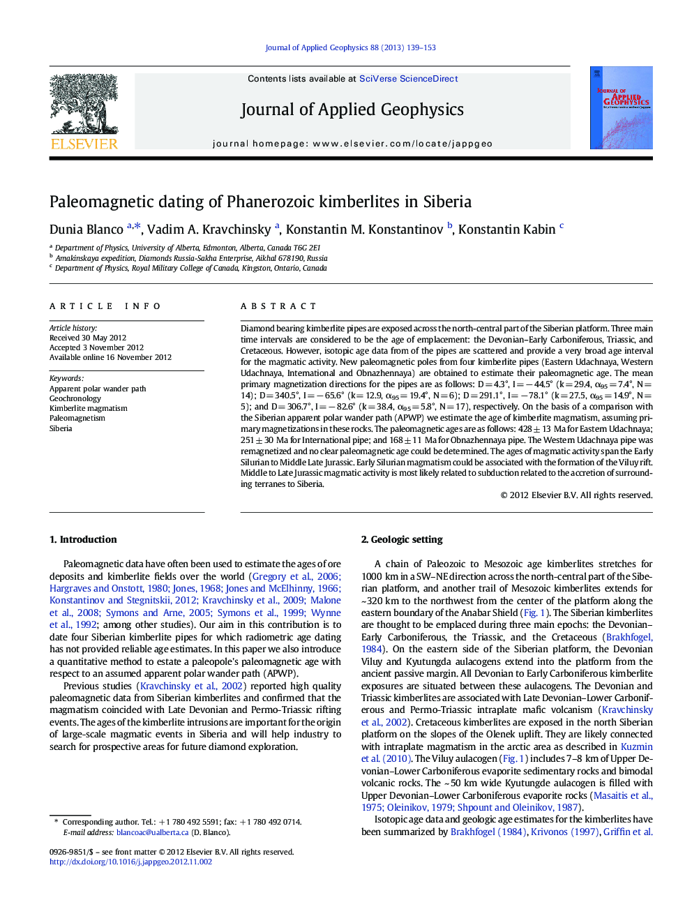 Paleomagnetic dating of Phanerozoic kimberlites in Siberia