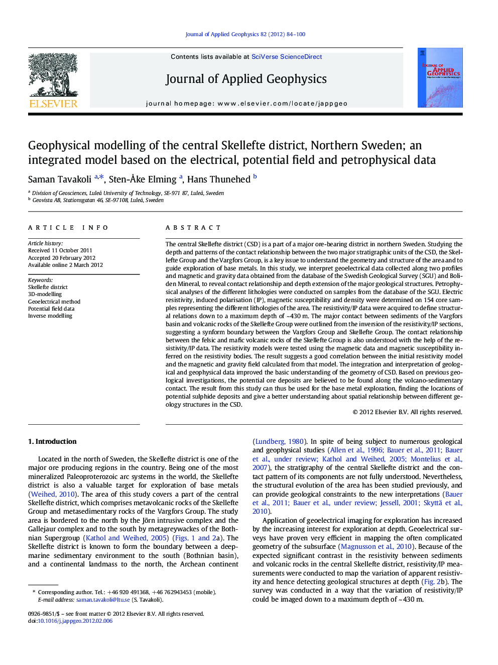 Geophysical modelling of the central Skellefte district, Northern Sweden; an integrated model based on the electrical, potential field and petrophysical data