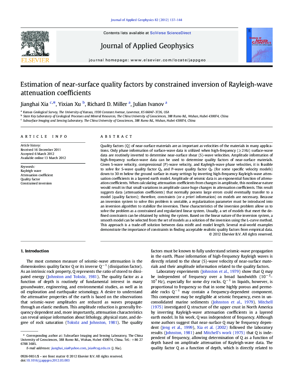 Estimation of near-surface quality factors by constrained inversion of Rayleigh-wave attenuation coefficients