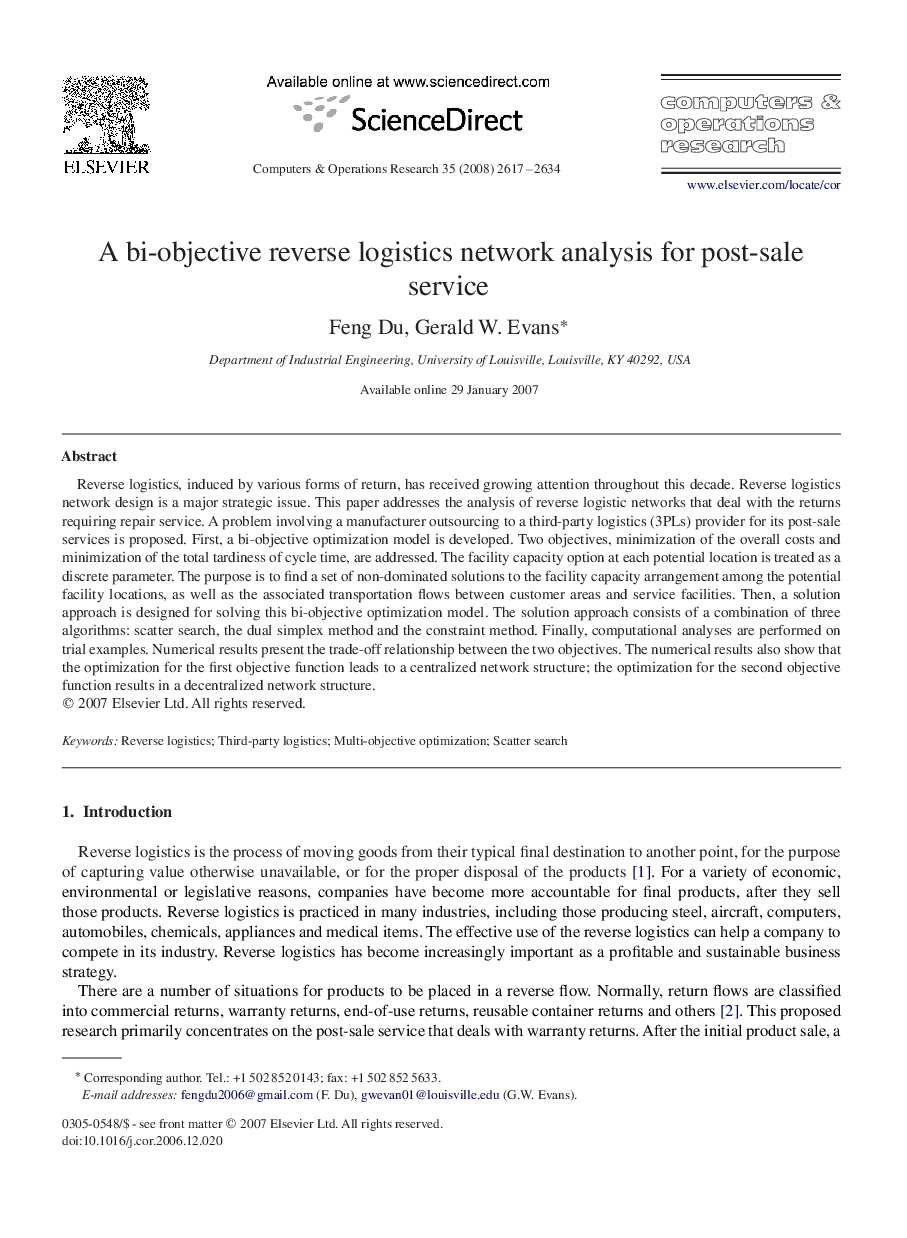 A bi-objective reverse logistics network analysis for post-sale service