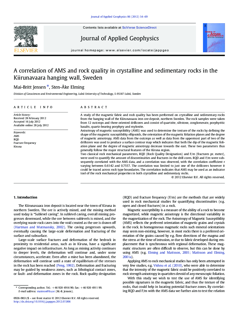 A correlation of AMS and rock quality in crystalline and sedimentary rocks in the Kiirunavaara hanging wall, Sweden