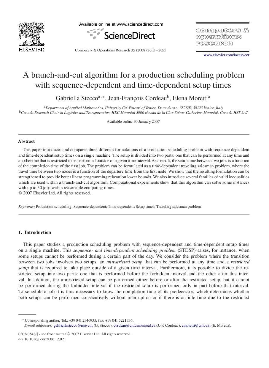 A branch-and-cut algorithm for a production scheduling problem with sequence-dependent and time-dependent setup times