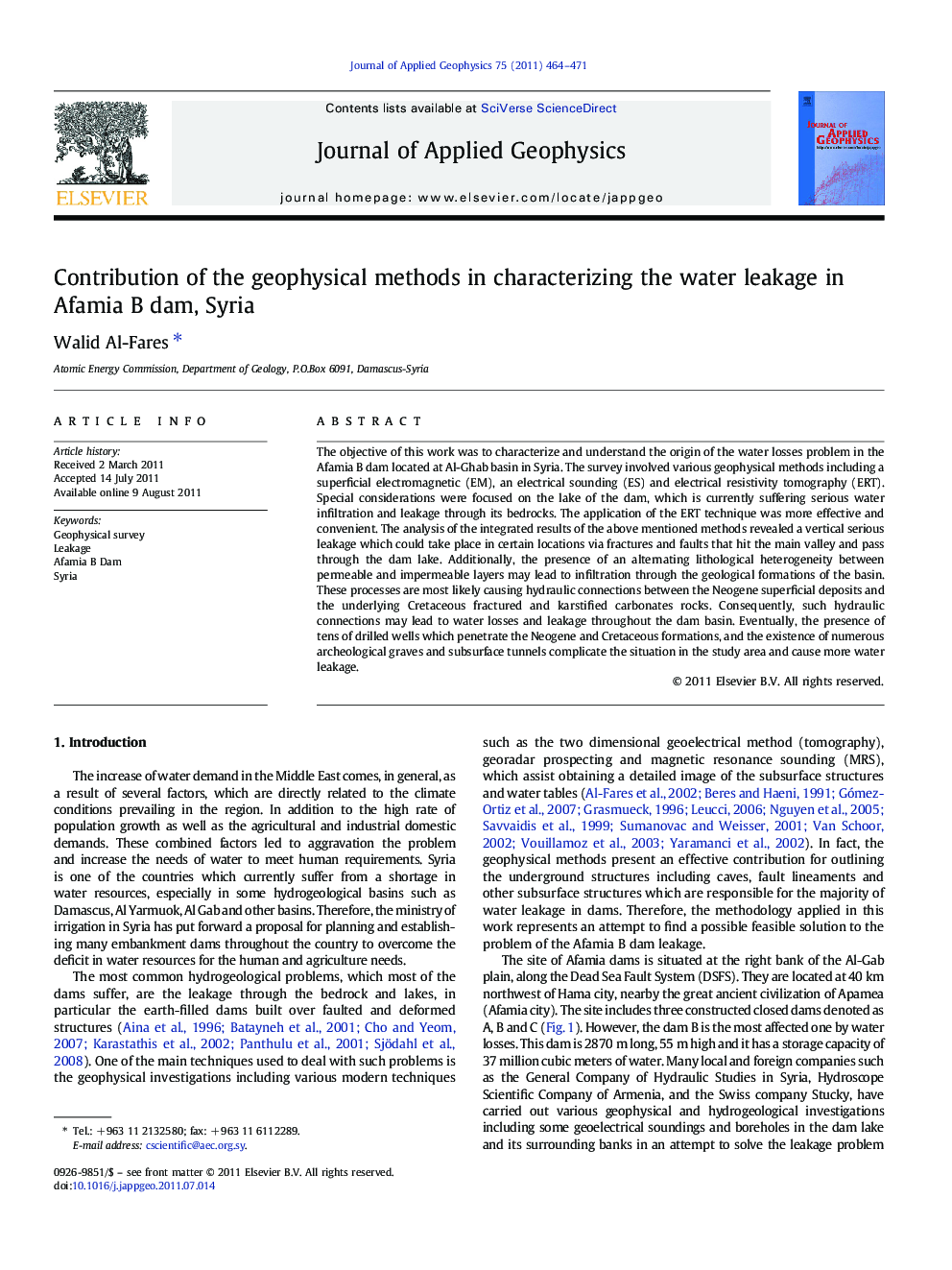 Contribution of the geophysical methods in characterizing the water leakage in Afamia B dam, Syria