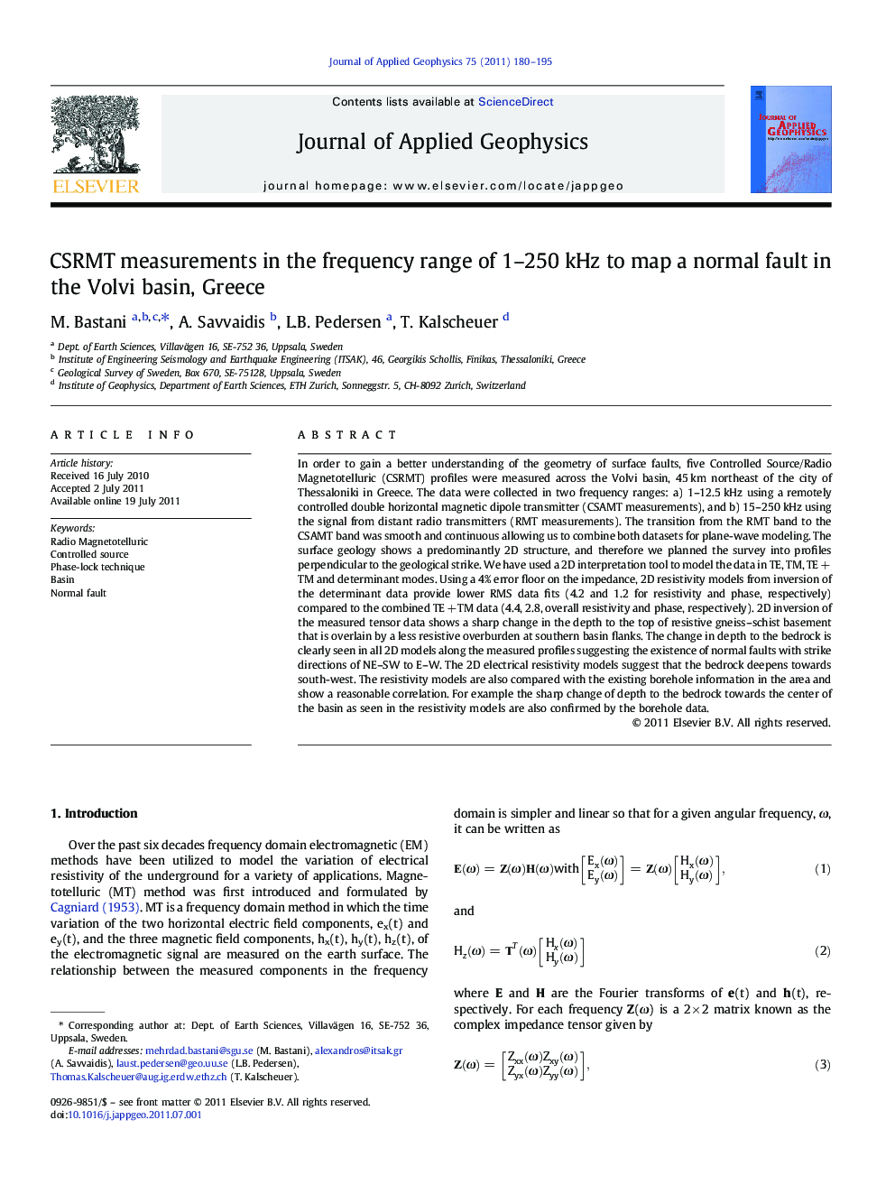 CSRMT measurements in the frequency range of 1–250 kHz to map a normal fault in the Volvi basin, Greece