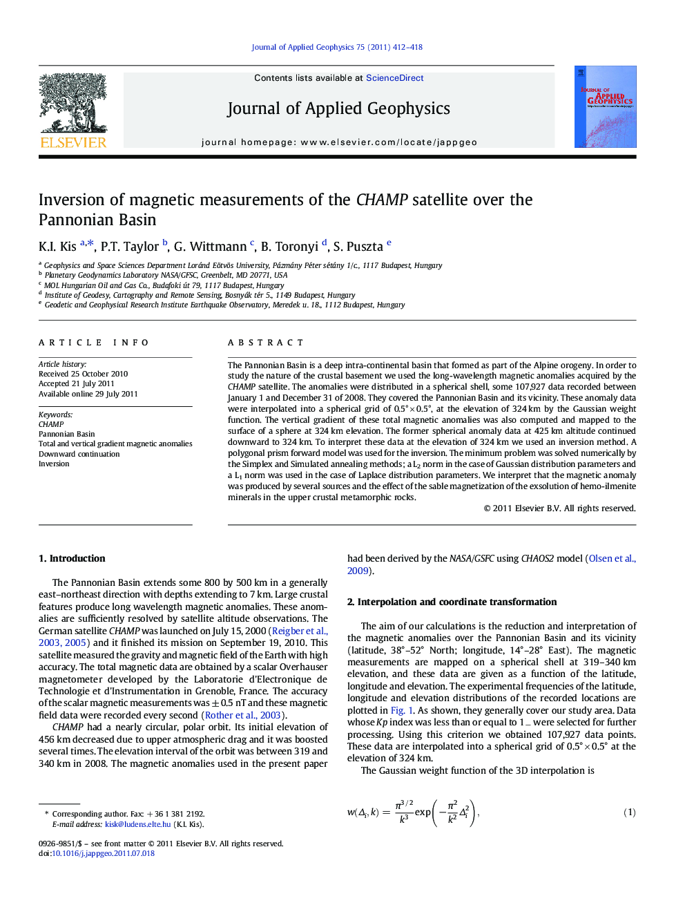 عکس صفحه اول مقاله: Inversion of magnetic measurements of the CHAMP satellite over the Pannonian Basin Inversion of magnetic measurements of the CHAMP satellite over the Pannonian Basin