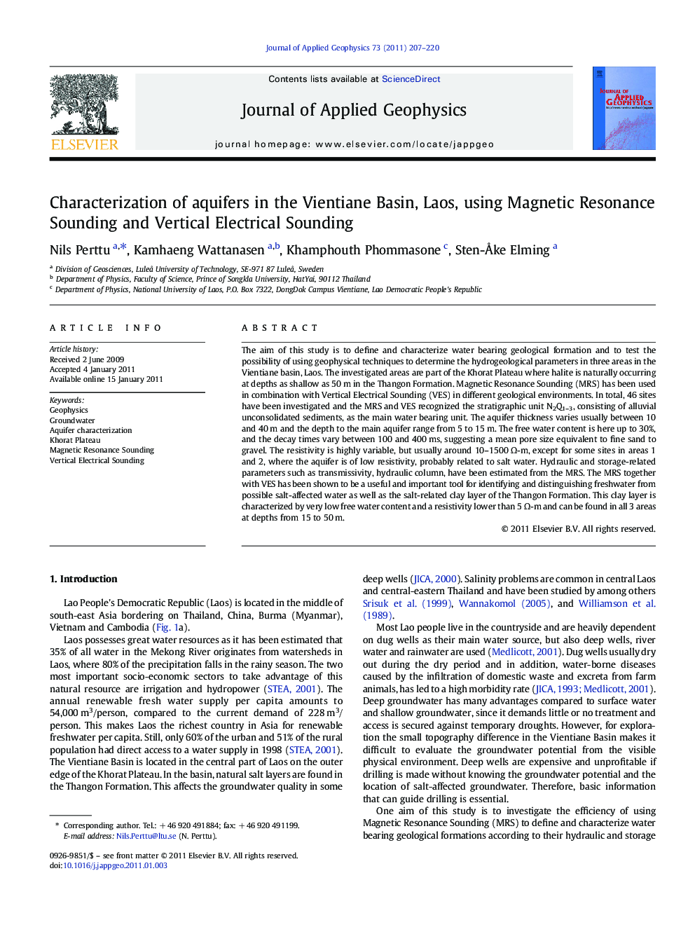 Characterization of aquifers in the Vientiane Basin, Laos, using Magnetic Resonance Sounding and Vertical Electrical Sounding