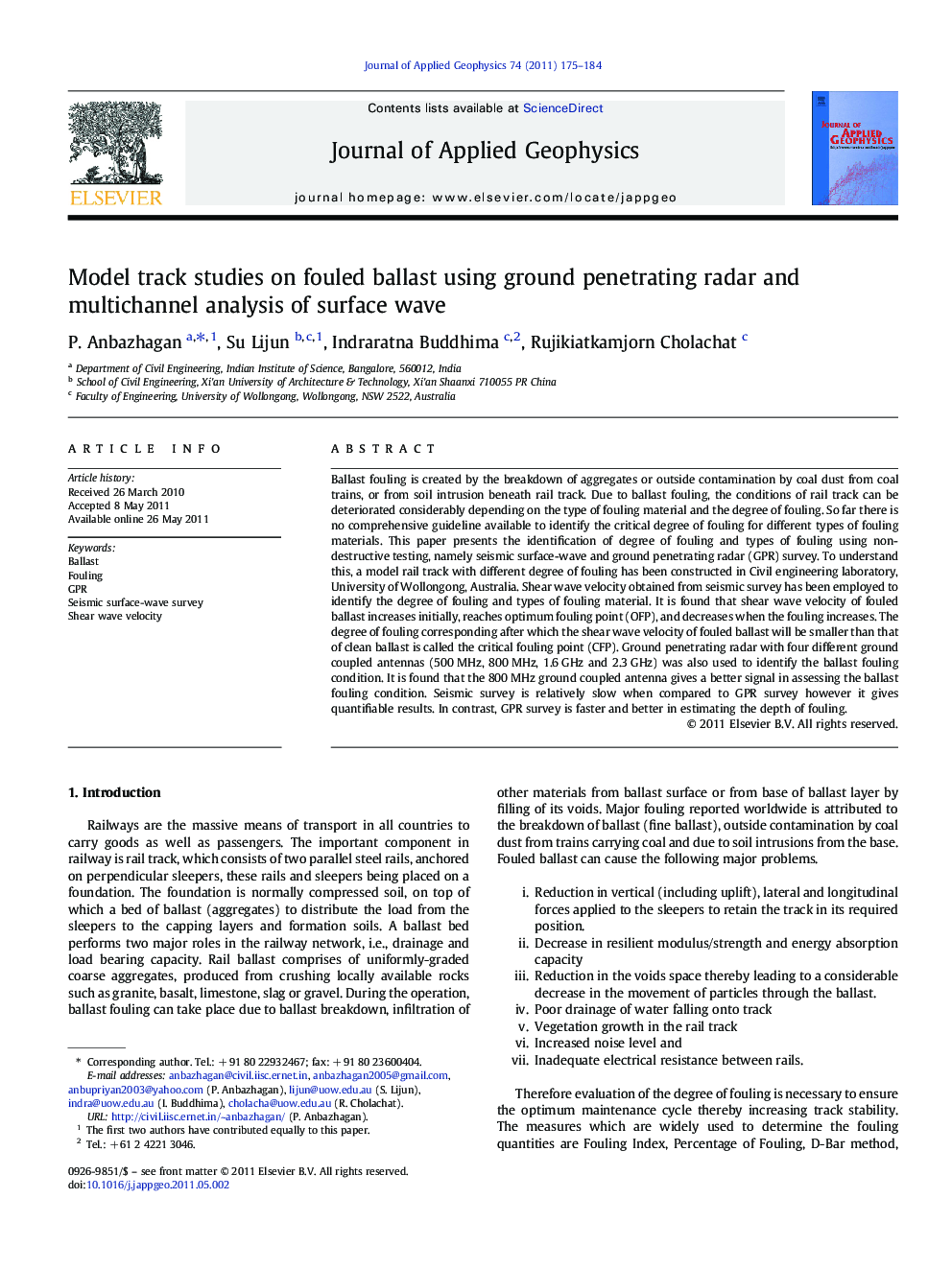 Model track studies on fouled ballast using ground penetrating radar and multichannel analysis of surface wave