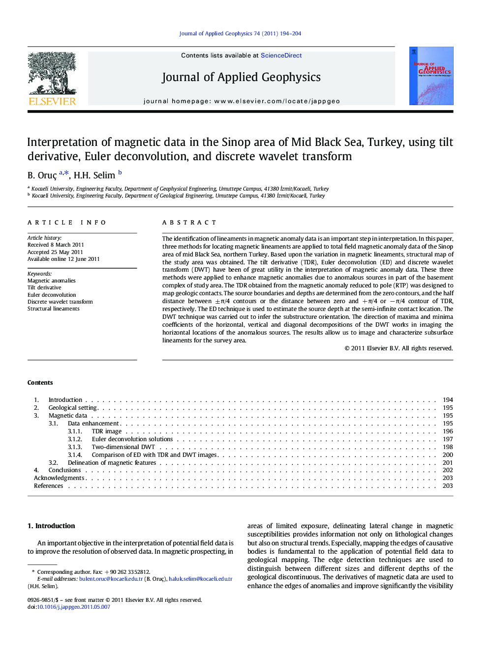 Interpretation of magnetic data in the Sinop area of Mid Black Sea, Turkey, using tilt derivative, Euler deconvolution, and discrete wavelet transform