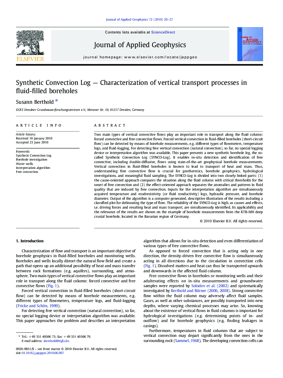 Synthetic Convection Log — Characterization of vertical transport processes in fluid-filled boreholes