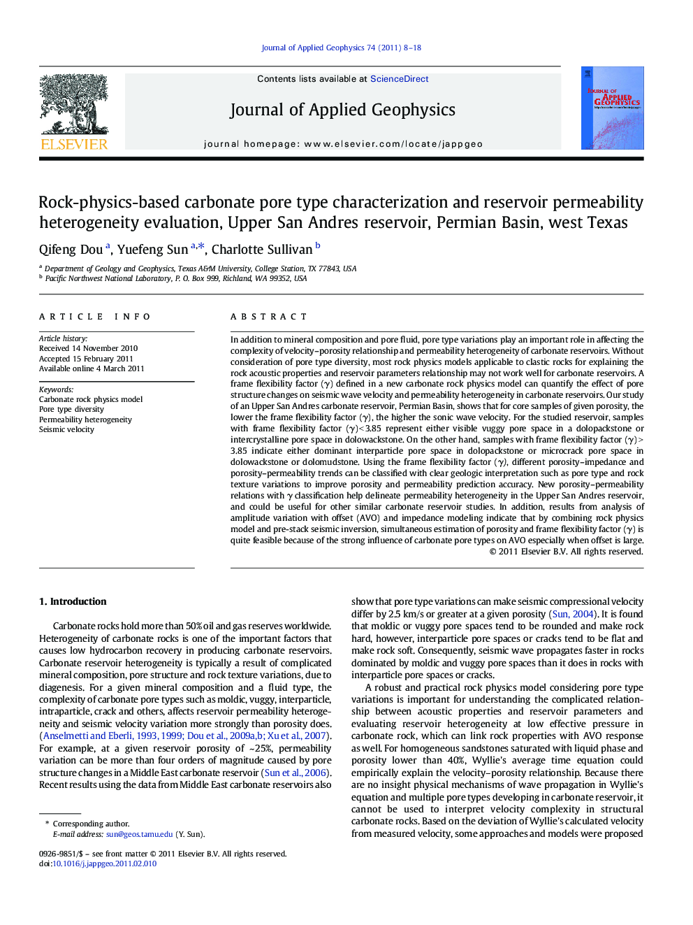 Rock-physics-based carbonate pore type characterization and reservoir permeability heterogeneity evaluation, Upper San Andres reservoir, Permian Basin, west Texas