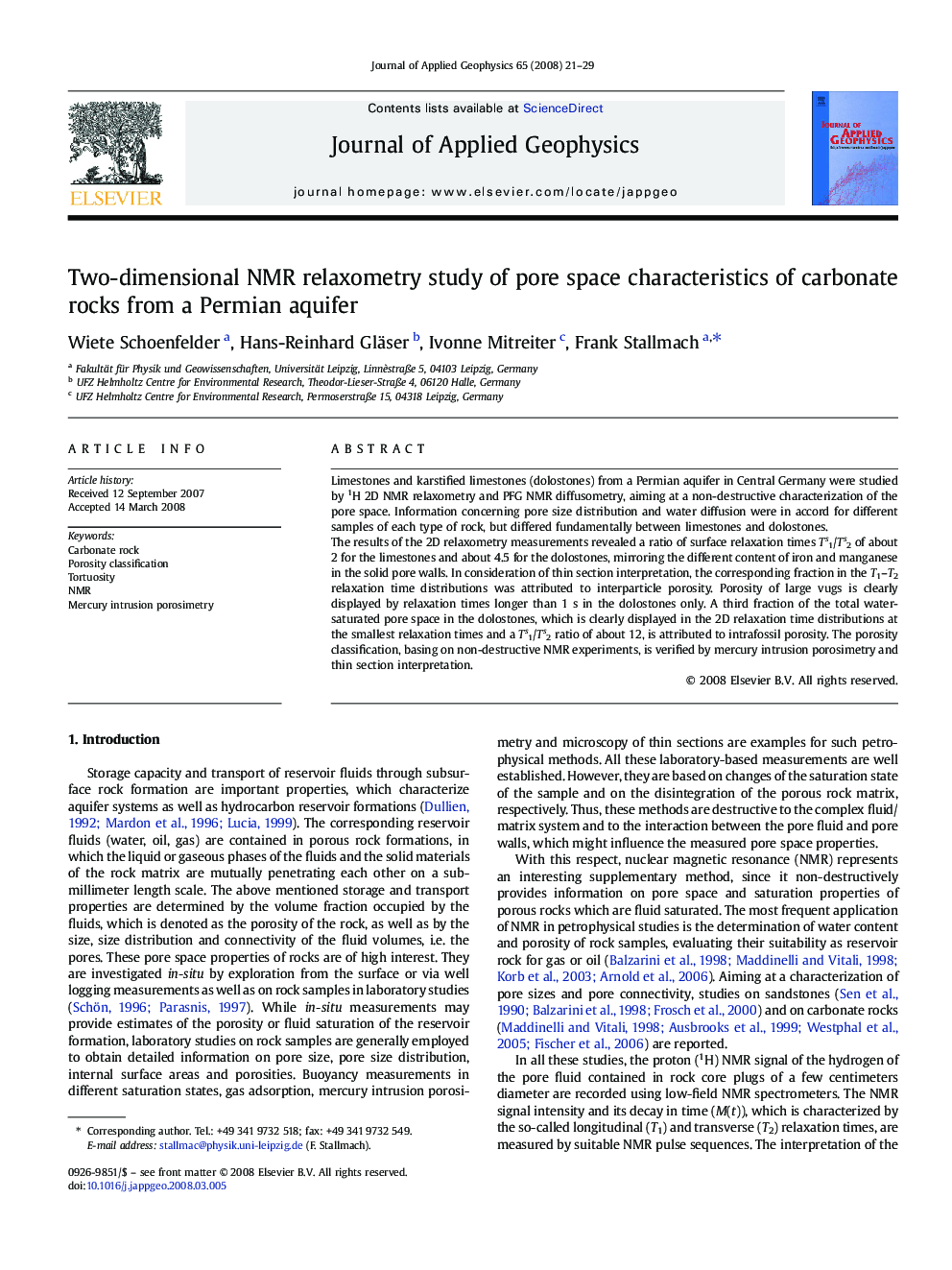 Two-dimensional NMR relaxometry study of pore space characteristics of carbonate rocks from a Permian aquifer