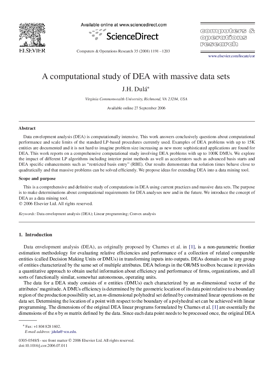 A computational study of DEA with massive data sets