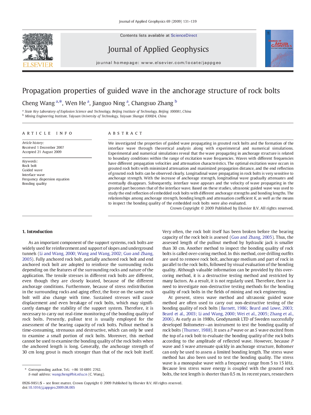 Propagation properties of guided wave in the anchorage structure of rock bolts