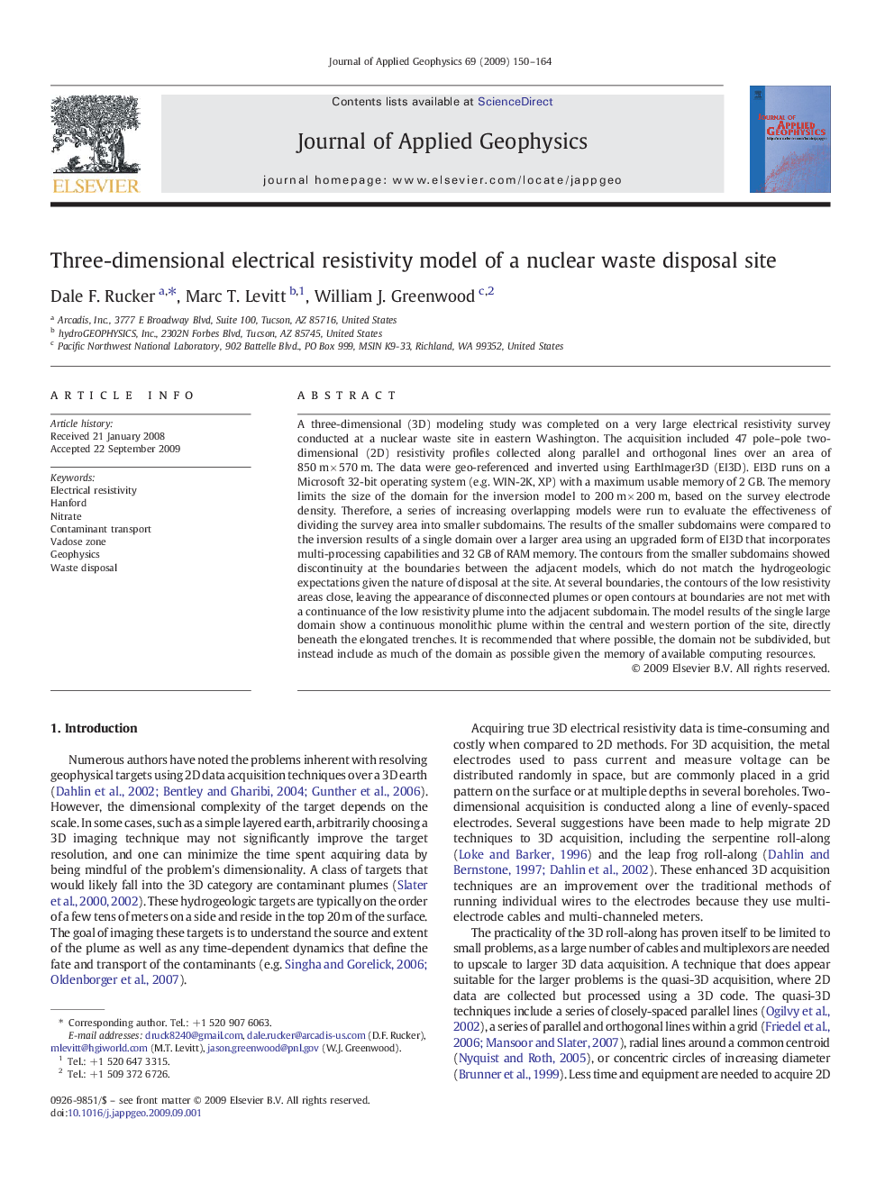 Three-dimensional electrical resistivity model of a nuclear waste disposal site