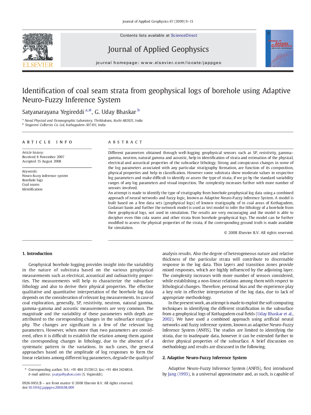 Identification of coal seam strata from geophysical logs of borehole using Adaptive Neuro-Fuzzy Inference System