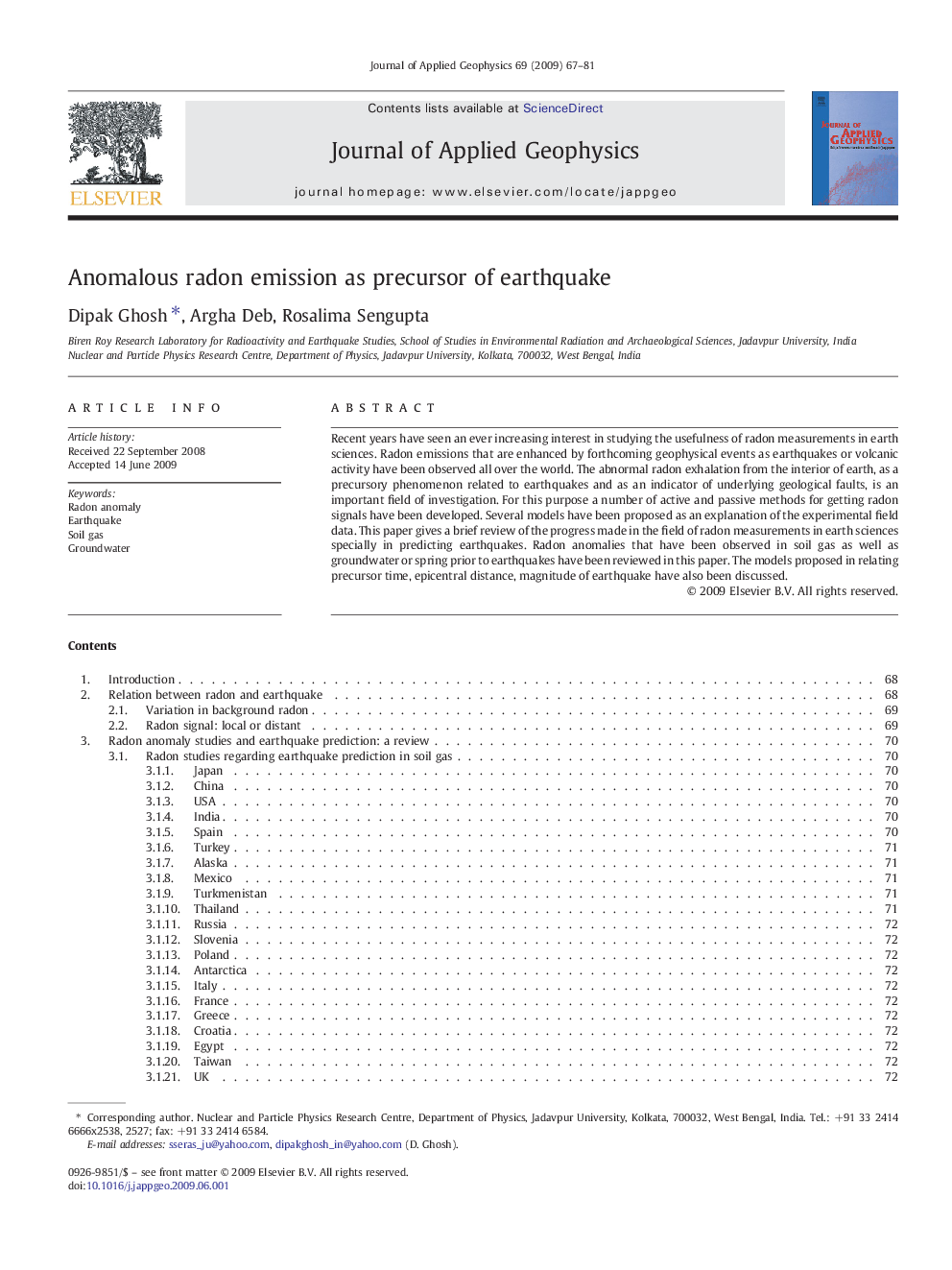 Anomalous radon emission as precursor of earthquake