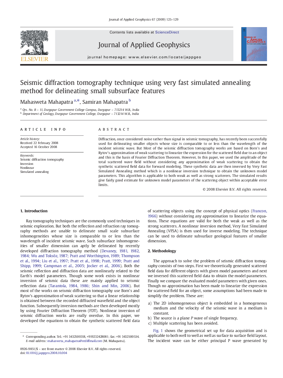 Seismic diffraction tomography technique using very fast simulated annealing method for delineating small subsurface features