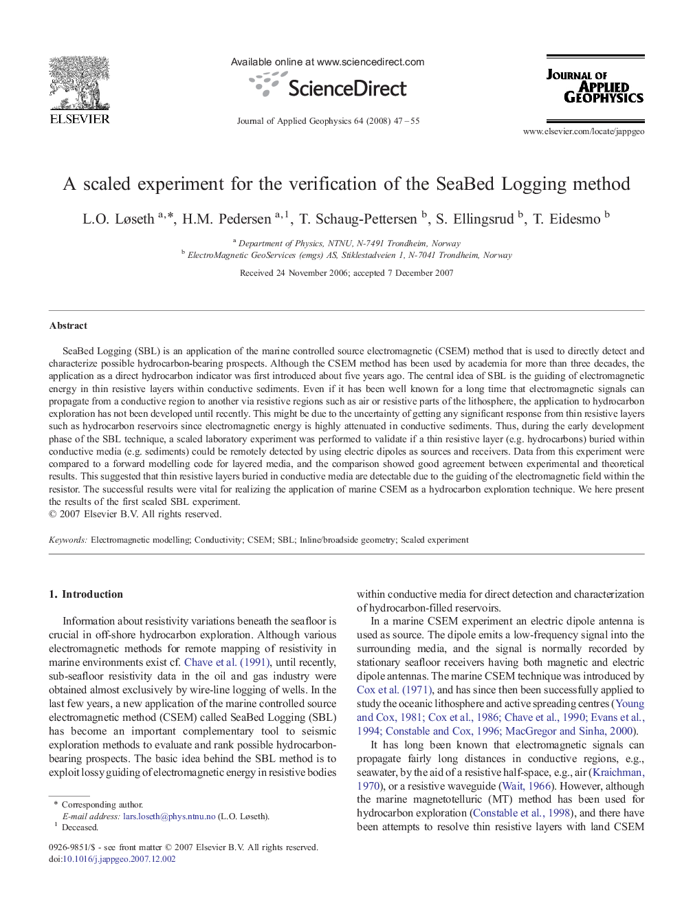 A scaled experiment for the verification of the SeaBed Logging method