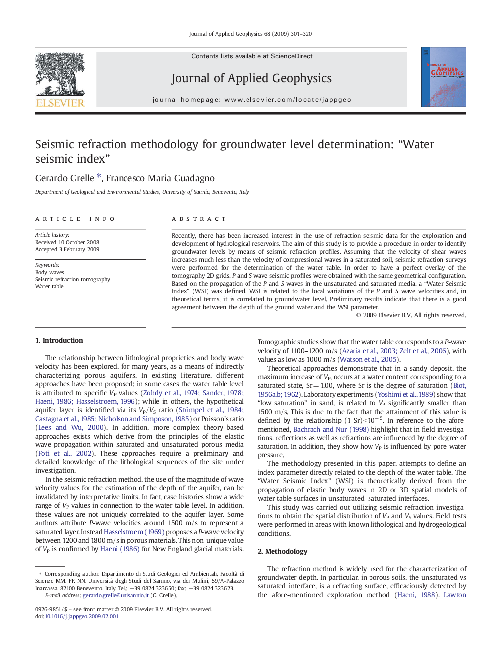 Seismic refraction methodology for groundwater level determination: “Water seismic index”