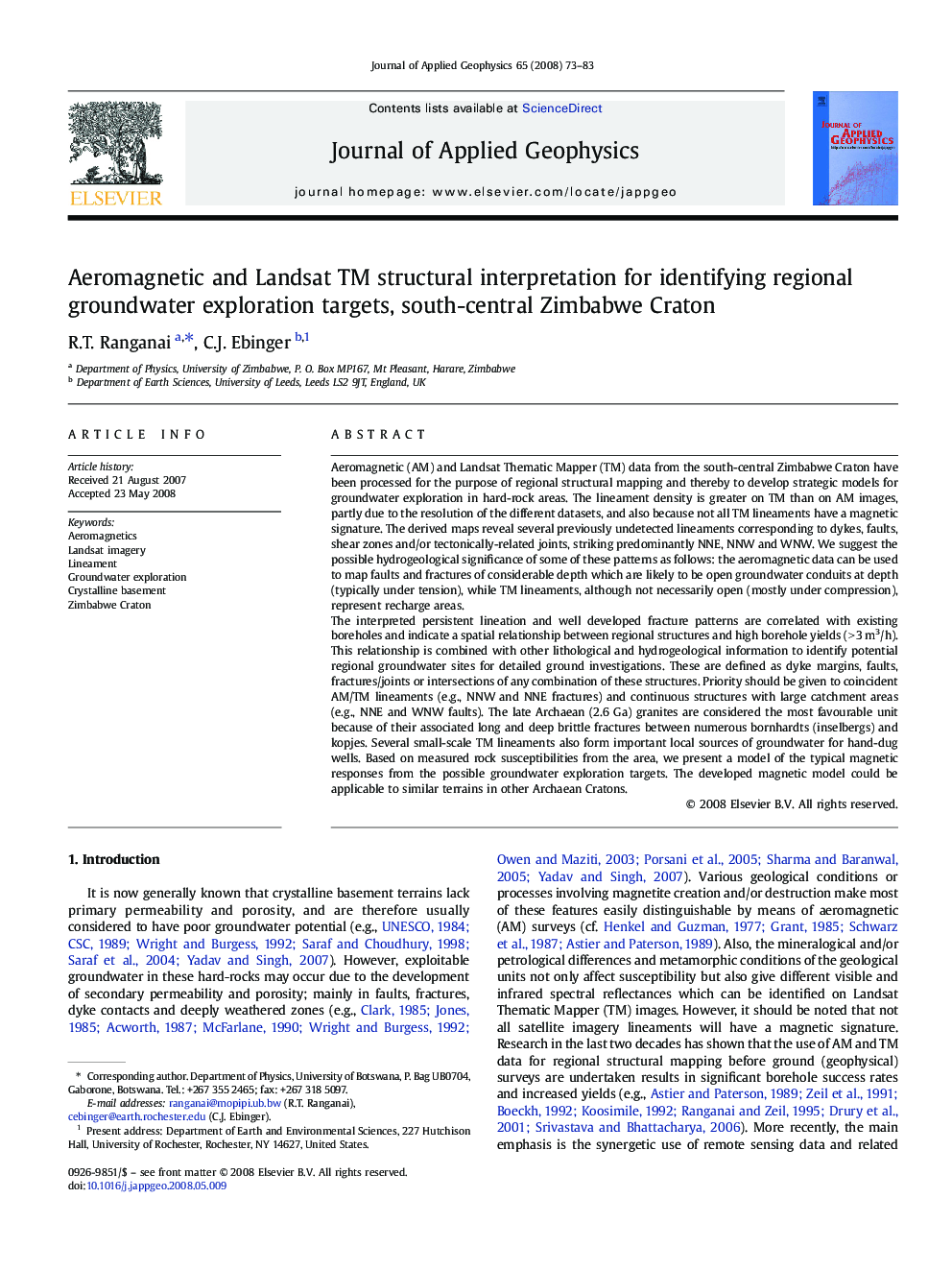 Aeromagnetic and Landsat TM structural interpretation for identifying regional groundwater exploration targets, south-central Zimbabwe Craton