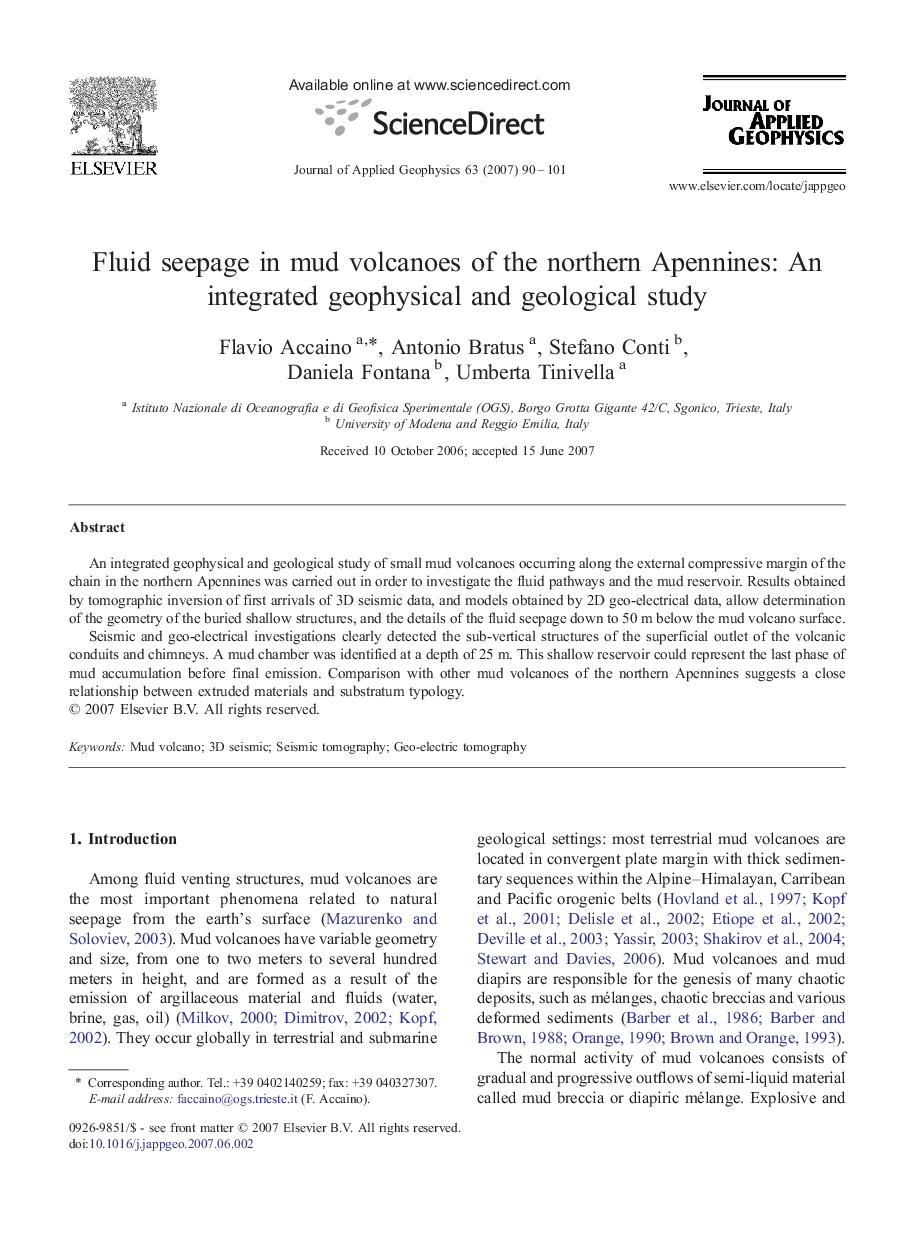 Fluid seepage in mud volcanoes of the northern Apennines: An integrated geophysical and geological study