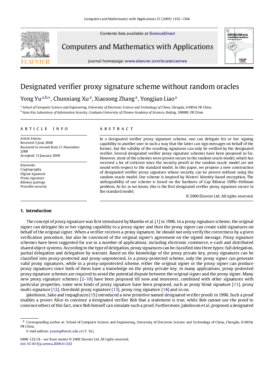 Designated verifier proxy signature scheme without random oracles