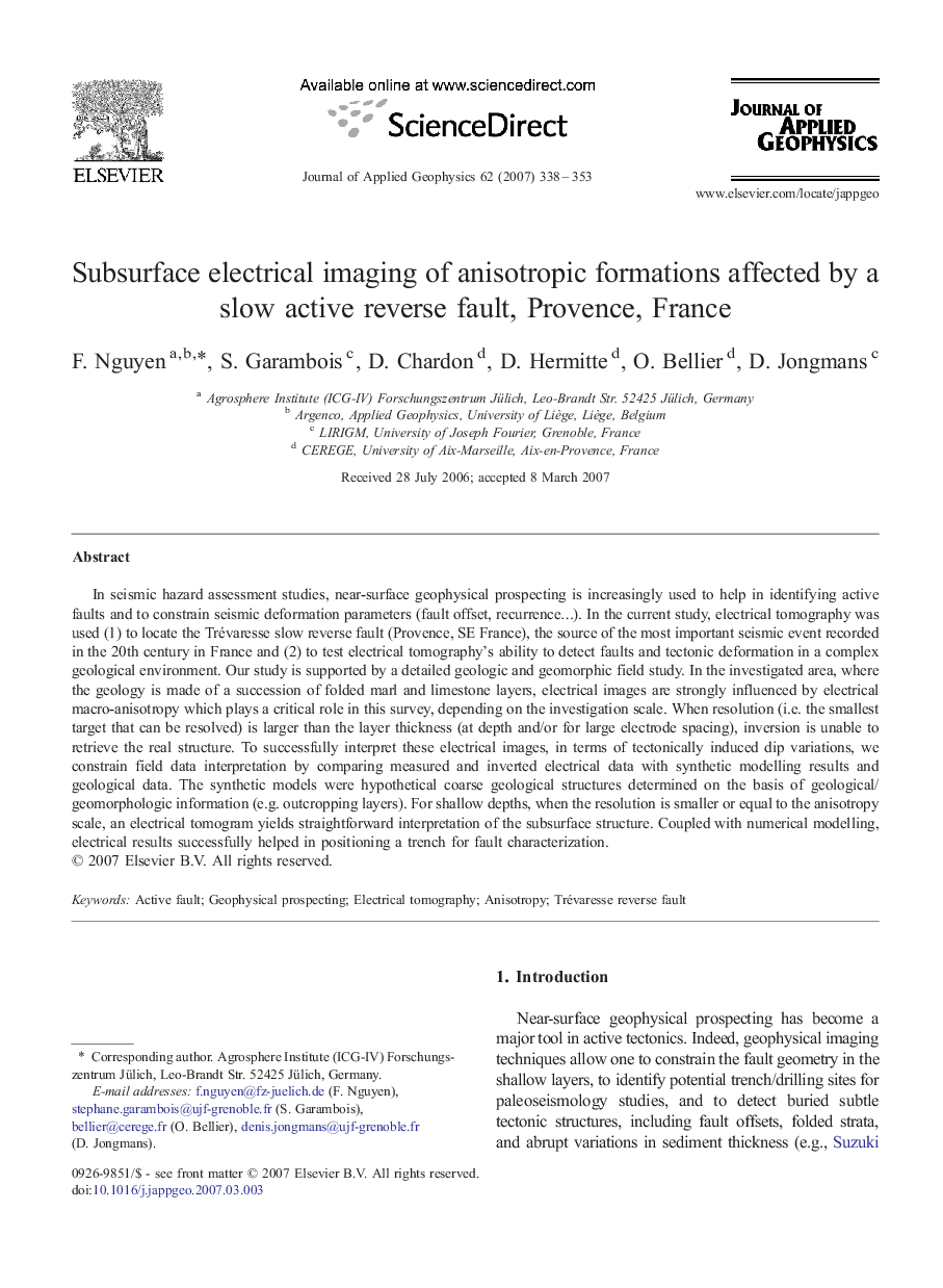 Subsurface electrical imaging of anisotropic formations affected by a slow active reverse fault, Provence, France