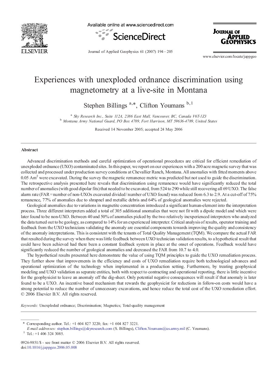 Experiences with unexploded ordnance discrimination using magnetometry at a live-site in Montana