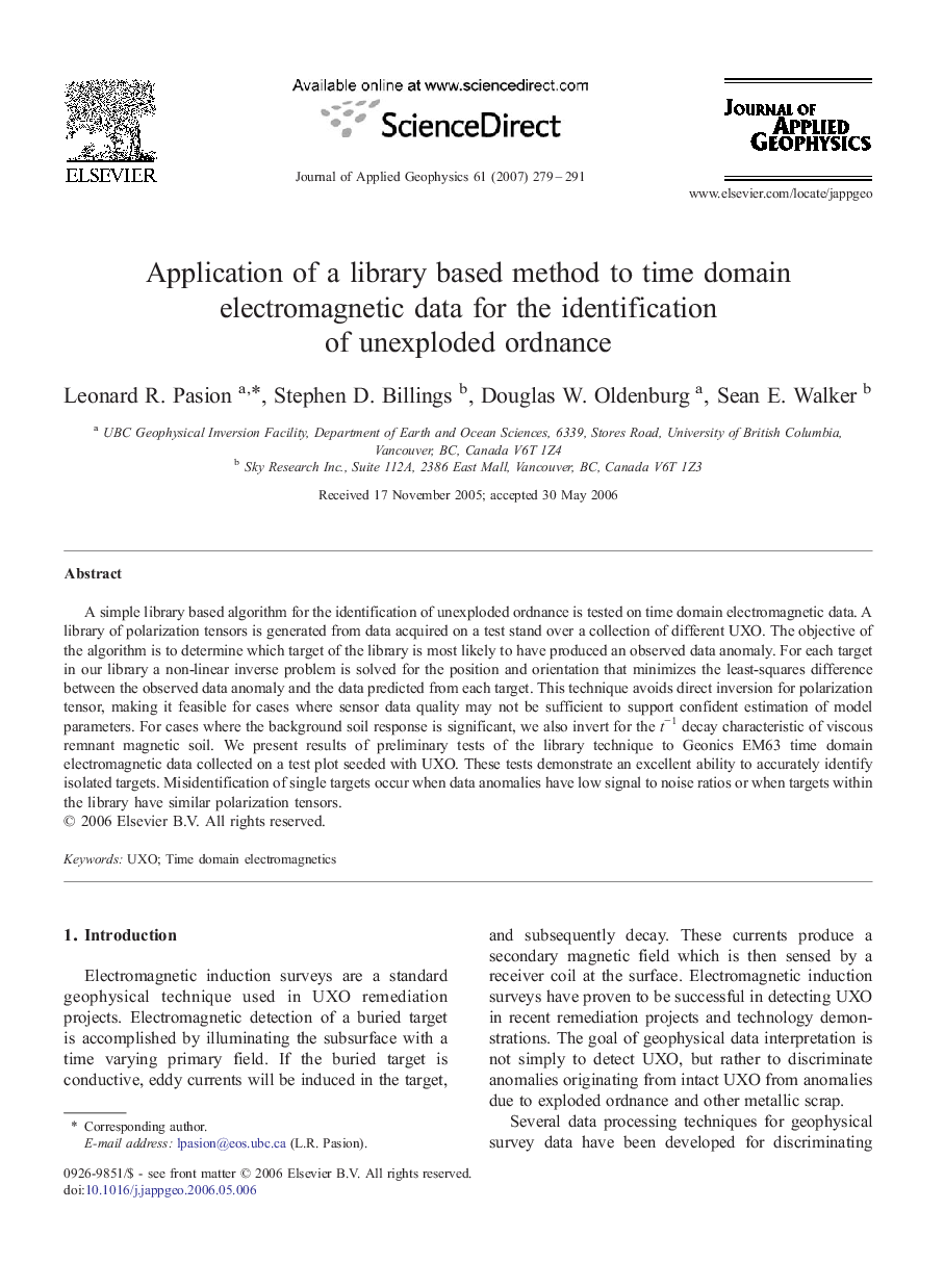 Application of a library based method to time domain electromagnetic data for the identification of unexploded ordnance