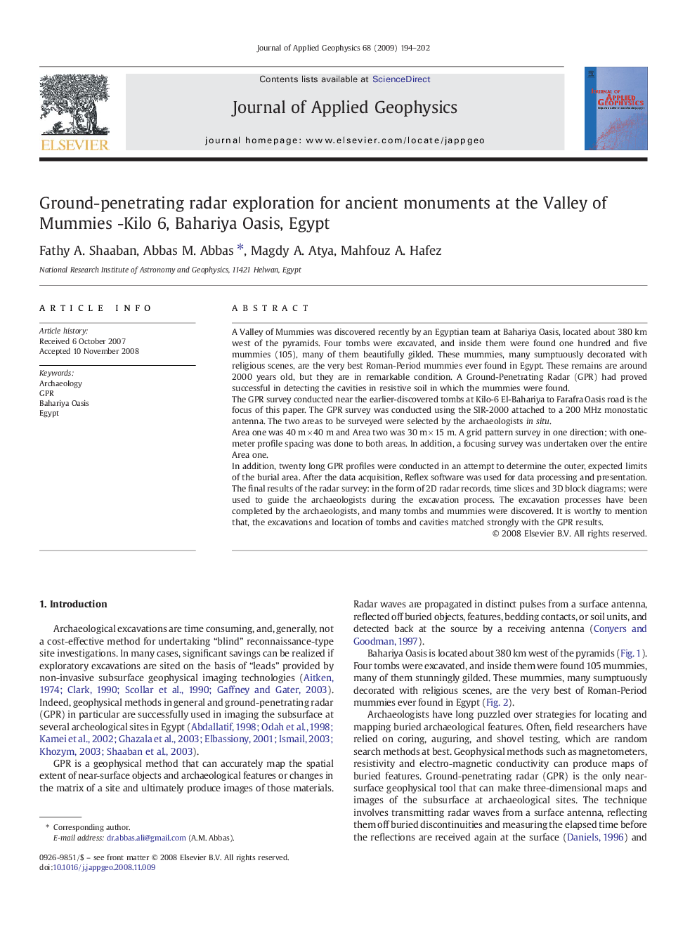 Ground-penetrating radar exploration for ancient monuments at the Valley of Mummies -Kilo 6, Bahariya Oasis, Egypt