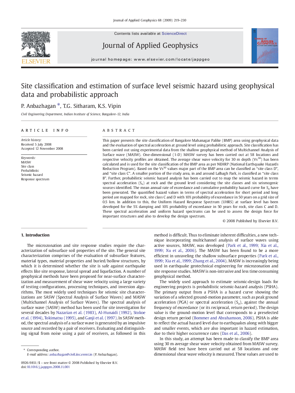 Site classification and estimation of surface level seismic hazard using geophysical data and probabilistic approach