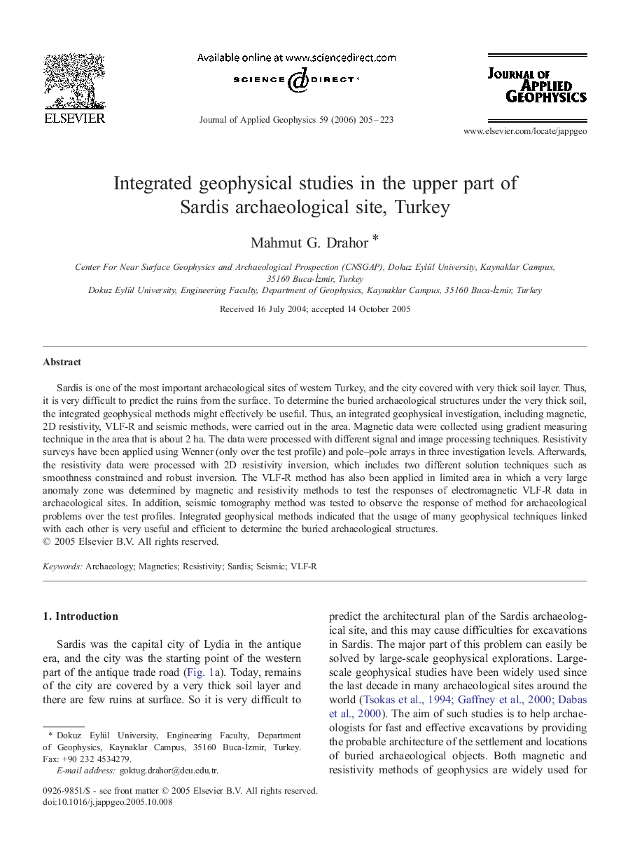 Integrated geophysical studies in the upper part of Sardis archaeological site, Turkey