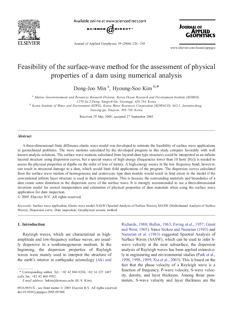 Feasibility of the surface-wave method for the assessment of physical properties of a dam using numerical analysis