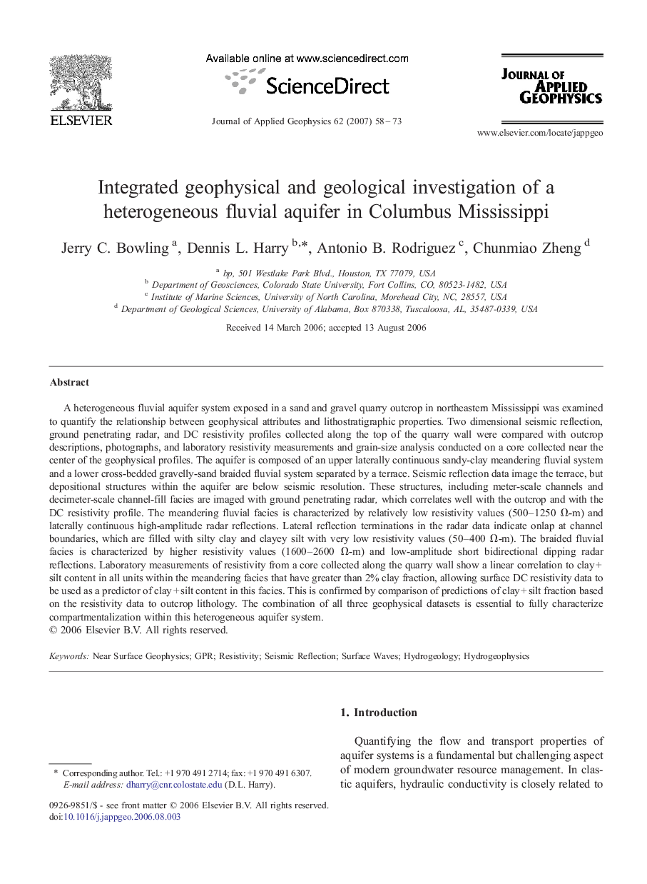 Integrated geophysical and geological investigation of a heterogeneous fluvial aquifer in Columbus Mississippi