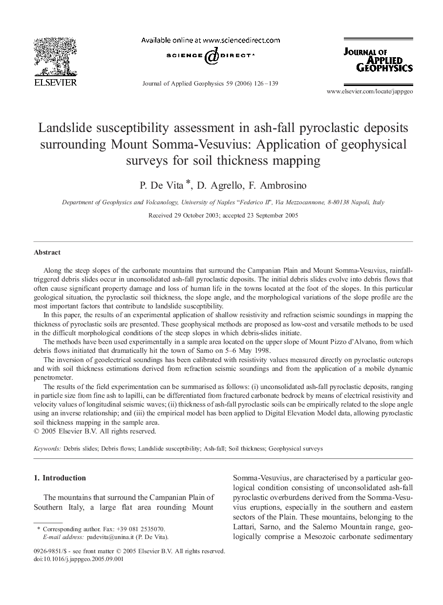 Landslide susceptibility assessment in ash-fall pyroclastic deposits surrounding Mount Somma-Vesuvius: Application of geophysical surveys for soil thickness mapping