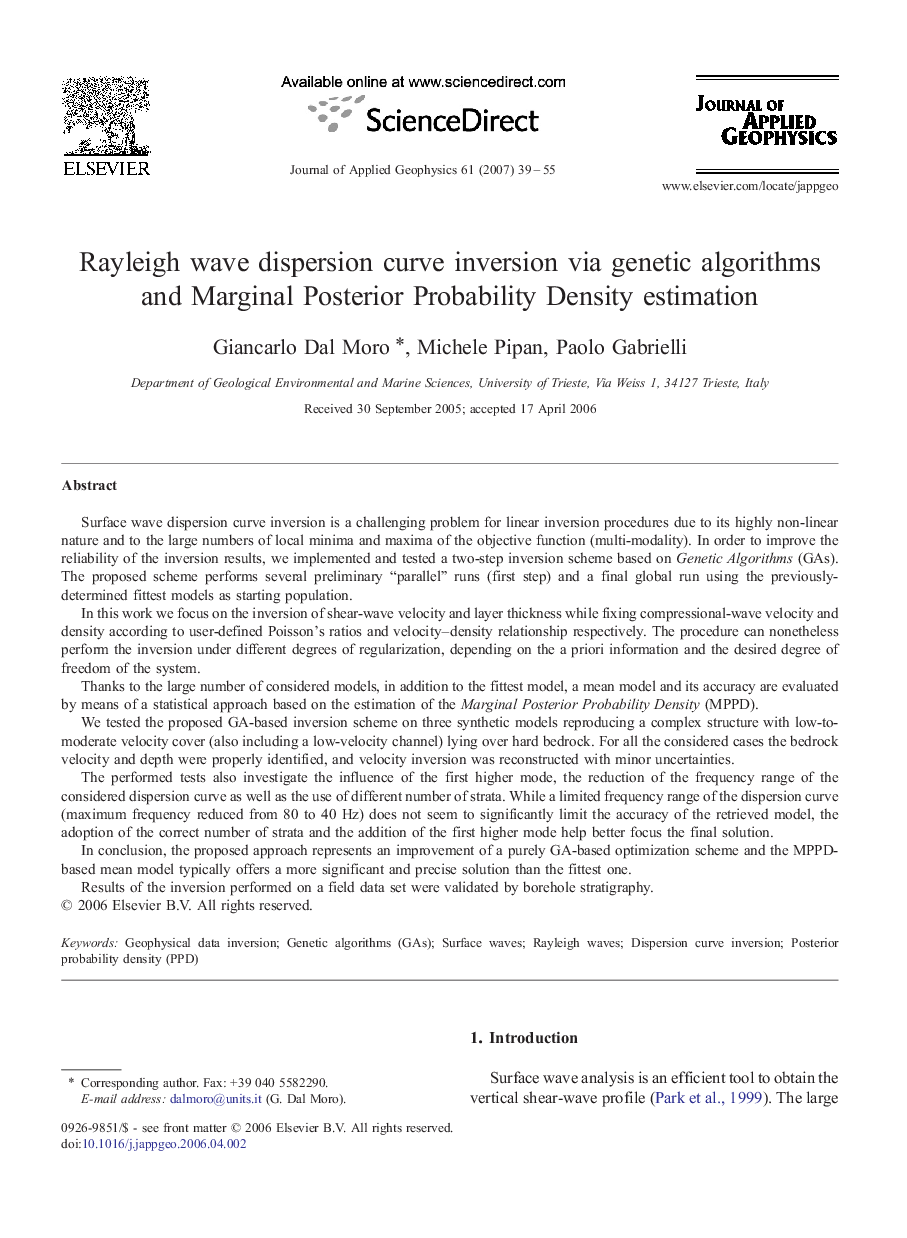 Rayleigh wave dispersion curve inversion via genetic algorithms and Marginal Posterior Probability Density estimation