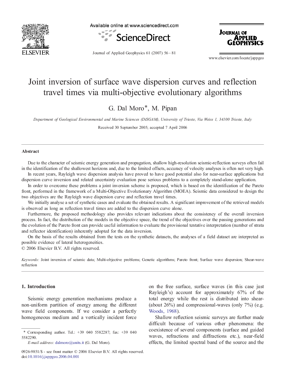 Joint inversion of surface wave dispersion curves and reflection travel times via multi-objective evolutionary algorithms