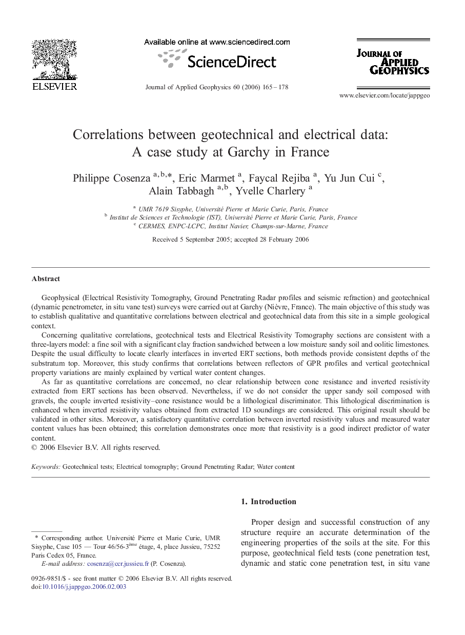 Correlations between geotechnical and electrical data: A case study at Garchy in France