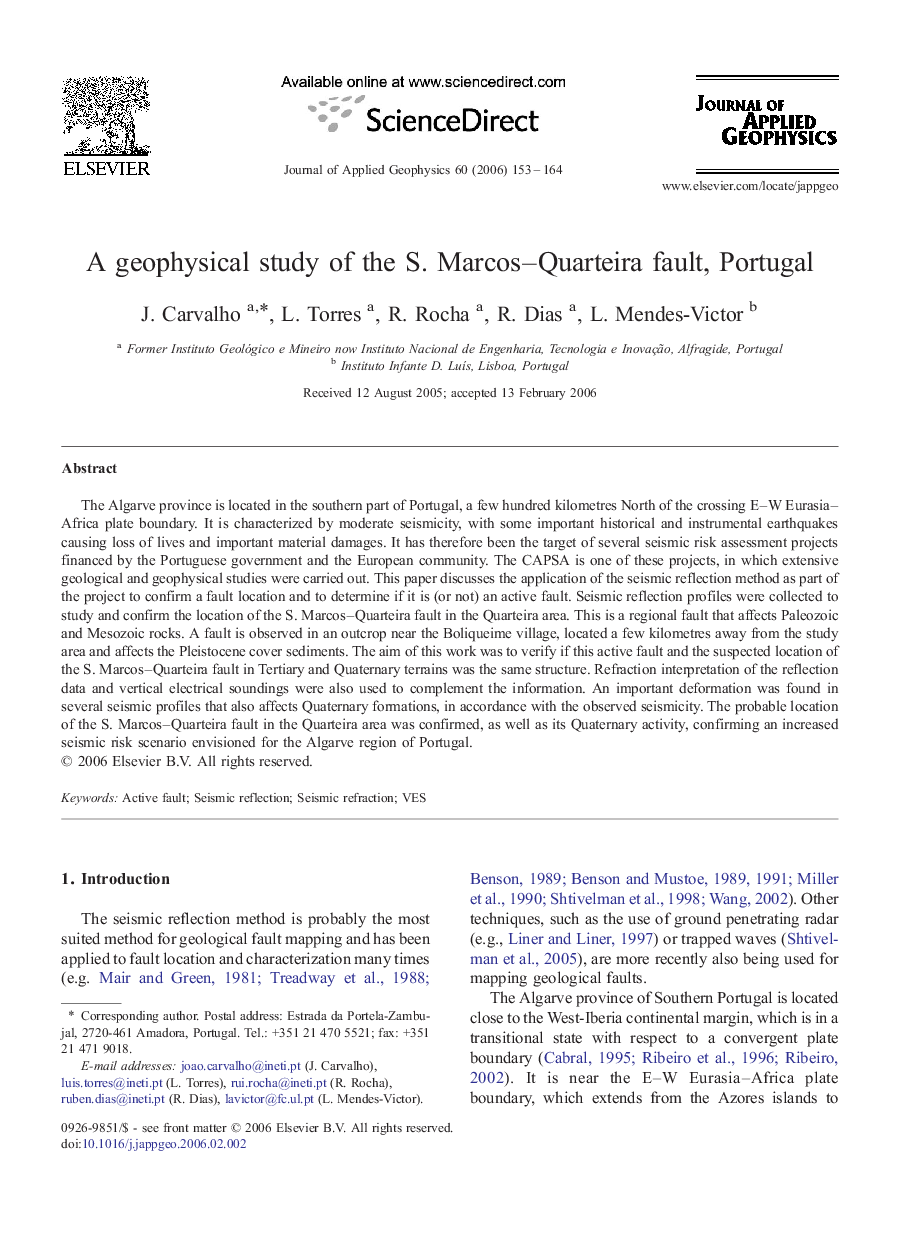 A geophysical study of the S. Marcos–Quarteira fault, Portugal