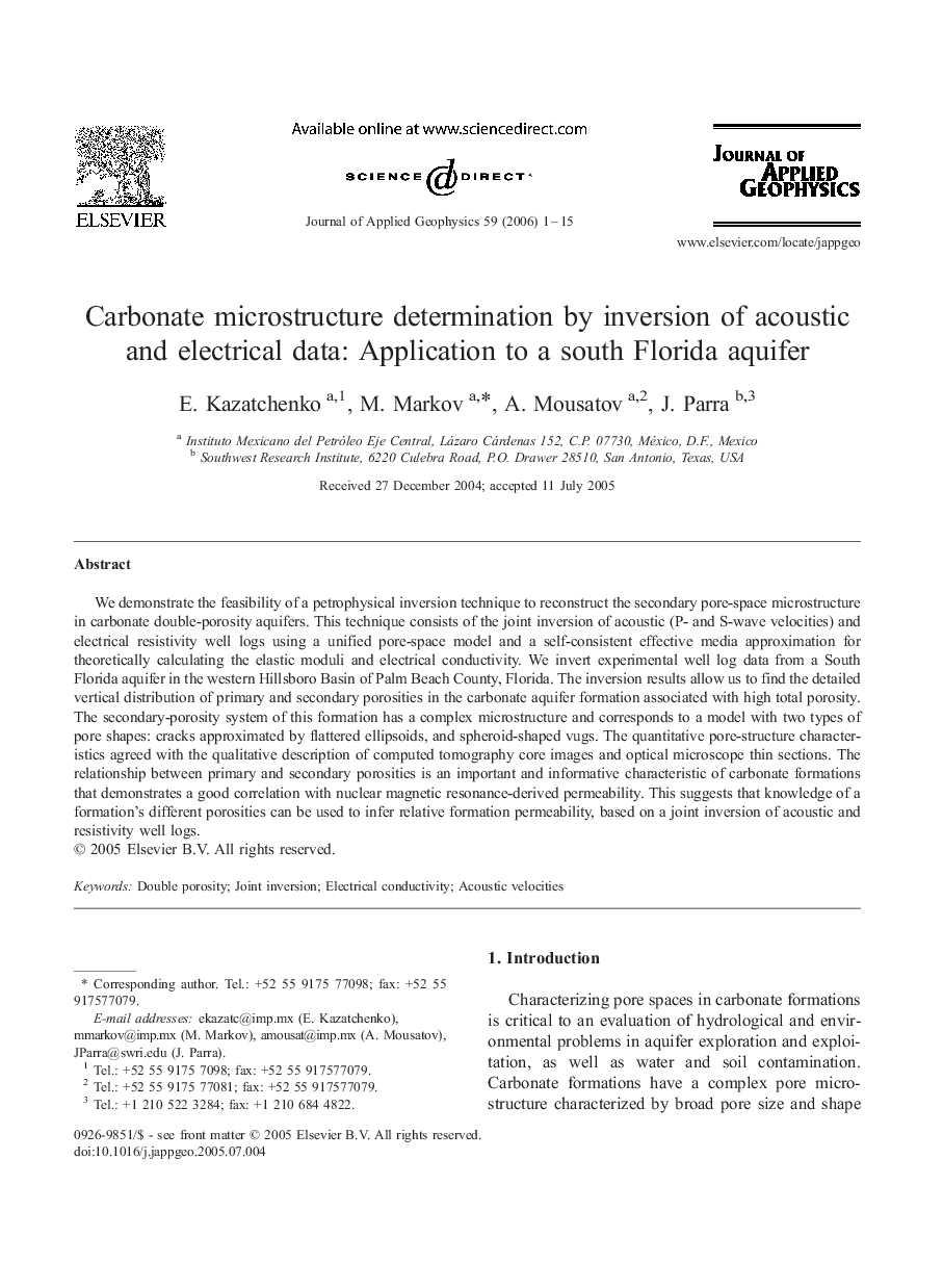 Carbonate microstructure determination by inversion of acoustic and electrical data: Application to a south Florida aquifer