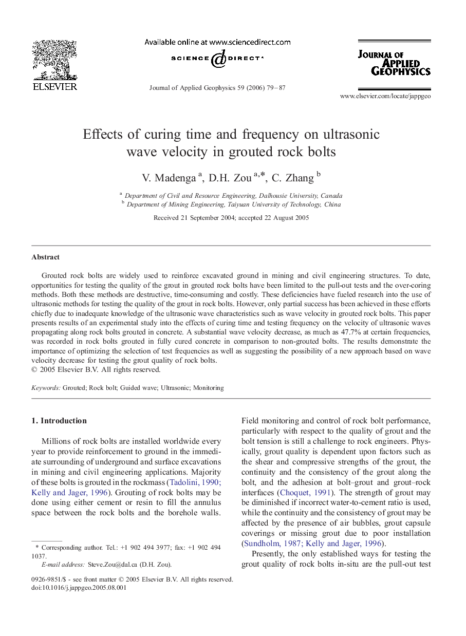 Effects of curing time and frequency on ultrasonic wave velocity in grouted rock bolts